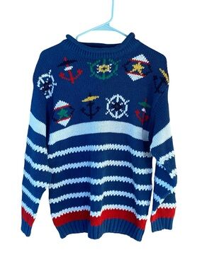 Vintage Gina Peters nautical anchor coastal boating linen cotton sweater size S